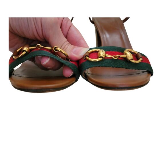 Gucci Vintage Horsebit Web Stripe Brown Leather Sandals Block Heels 9.5 39.5 - Picture 8 of 12